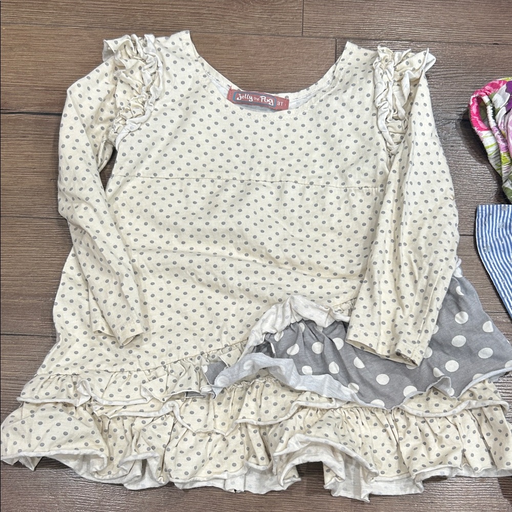 Jelly The Pug Cream and Gray Polka Dot Dress